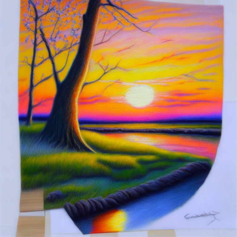 Sunset painting with vibrant oranges and yellows, tree, sun reflection, 3D canvas edge