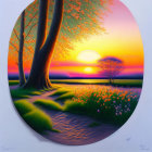 Sunset painting with vibrant oranges and yellows, tree, sun reflection, 3D canvas edge