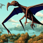 Red Pterodactyl Flying in 3D Landscape