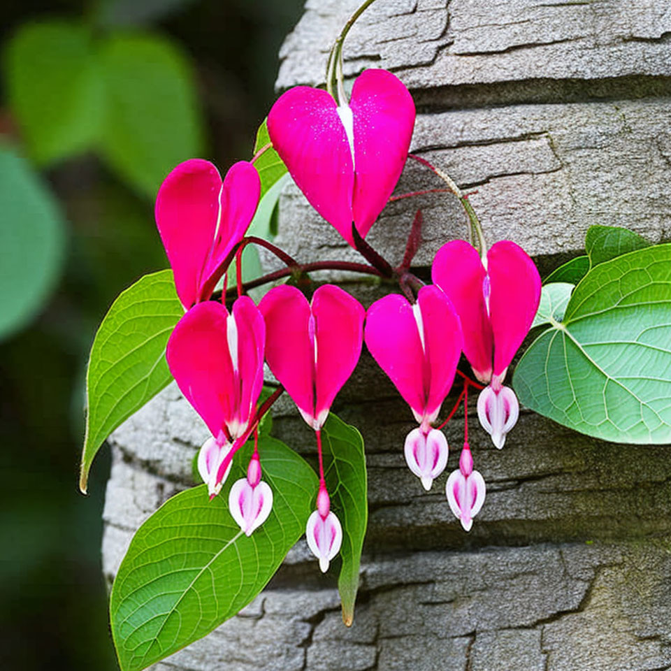 Pink Bleeding Heart Flowers with White Tips on Stem Against Bark Background