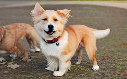 Two tan and white fluffy dogs on a path