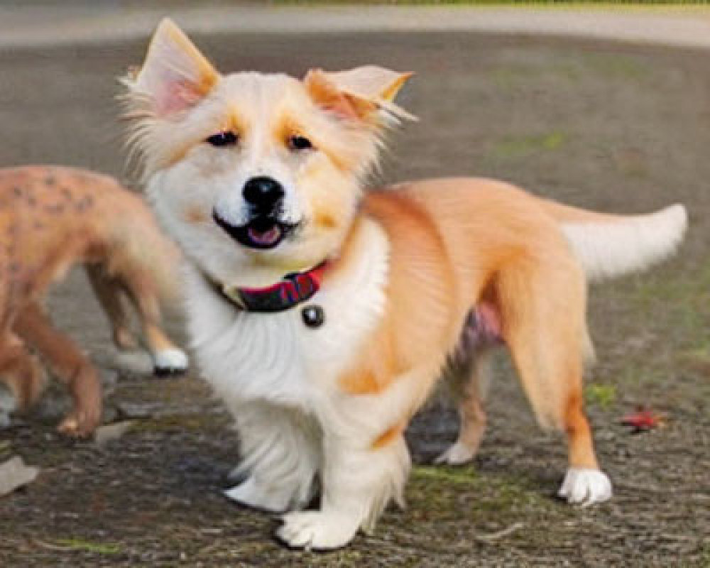 Two tan and white fluffy dogs on a path