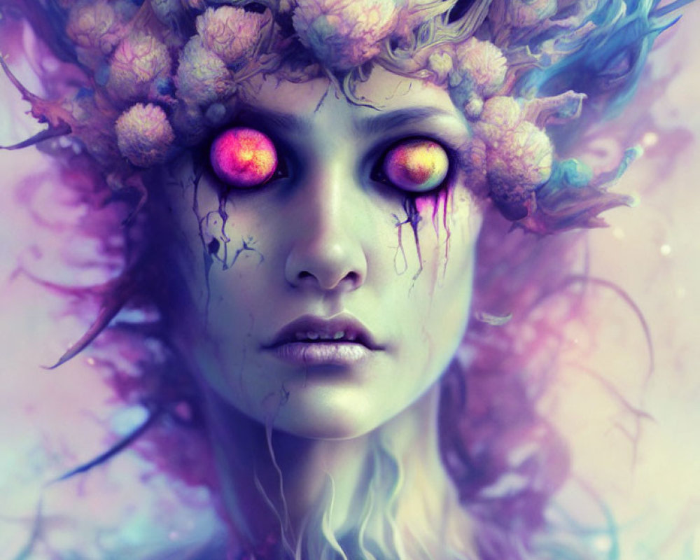 Fantasy portrait of woman with glowing eyes and floral crown on purple background