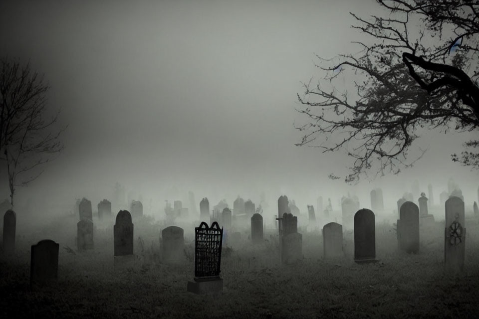 Foggy graveyard with tombstones and bare tree under gloomy sky