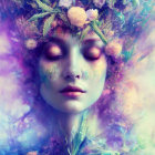 Fantasy portrait of woman with glowing eyes and floral crown on purple background