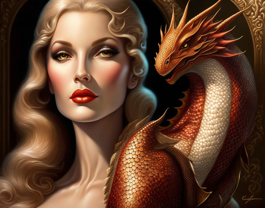 Stylized portrait featuring woman with blonde hair and dragon.