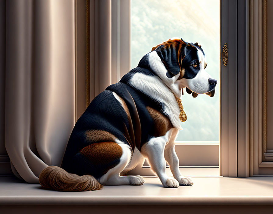 Tricolor dog sitting by window with curtains and doorknob visible