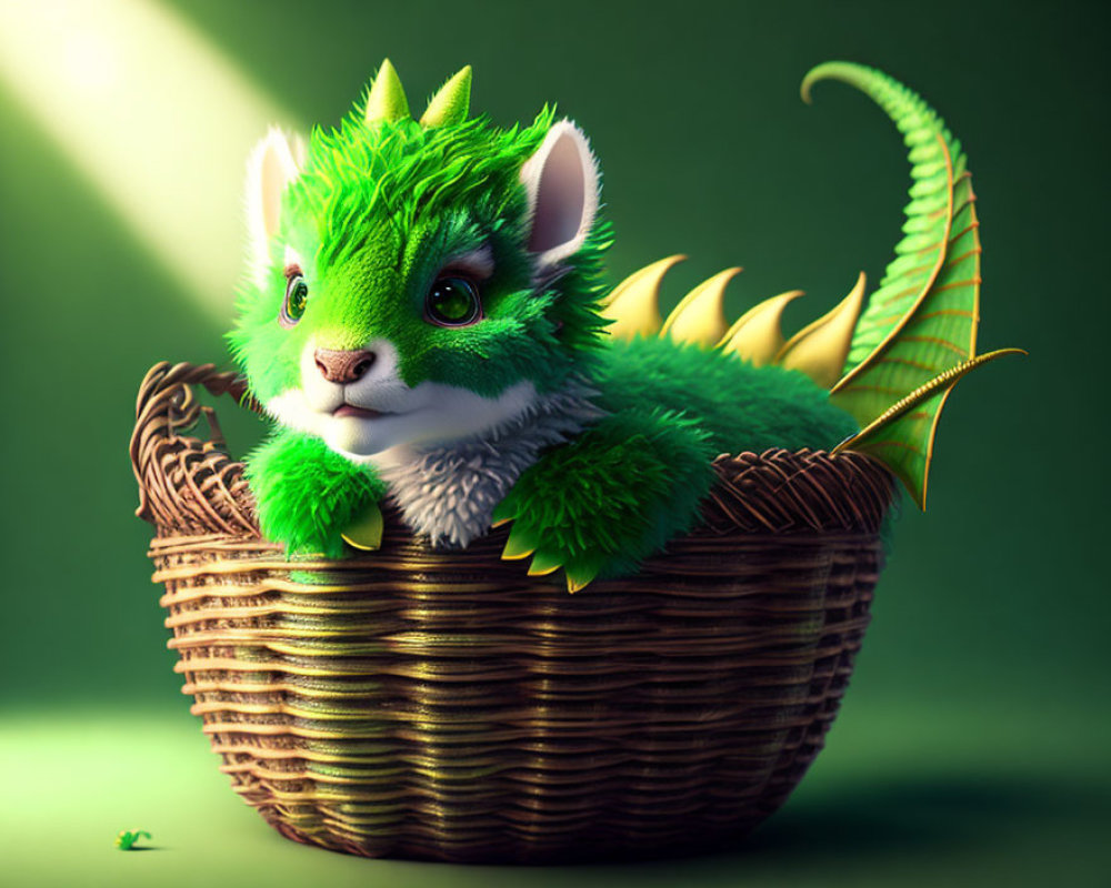 Green furry creature with dragon-like spikes in wicker basket under soft lighting