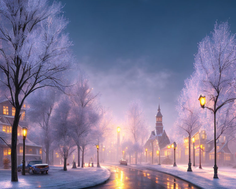 Snowy Trees and Streetlights on Winter Evening with Church Steeple and Moon