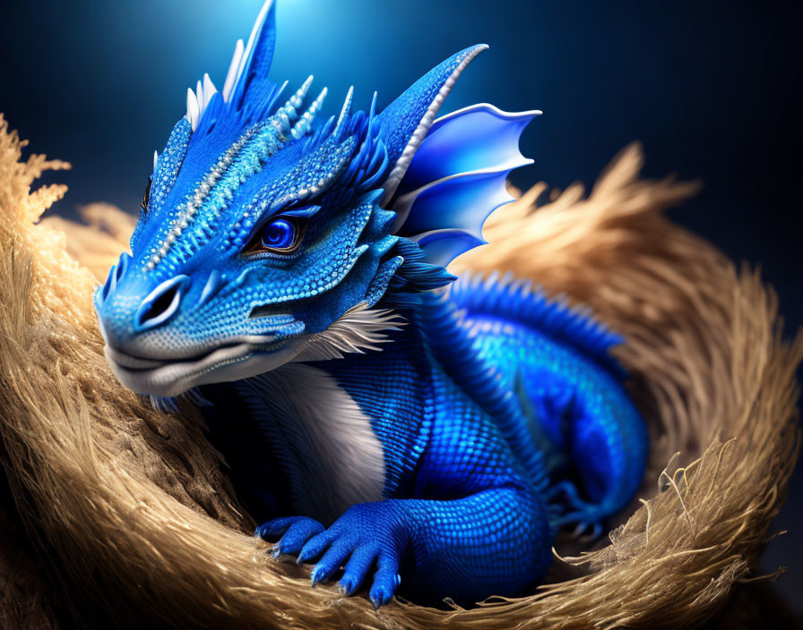 Blue dragon with intricate scales and prominent horns in nest against dark background