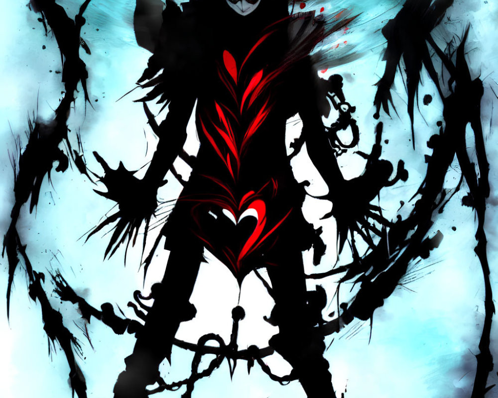 Stylized Figure with Red Heart Symbol in Black Ink Splatters on Blue Background