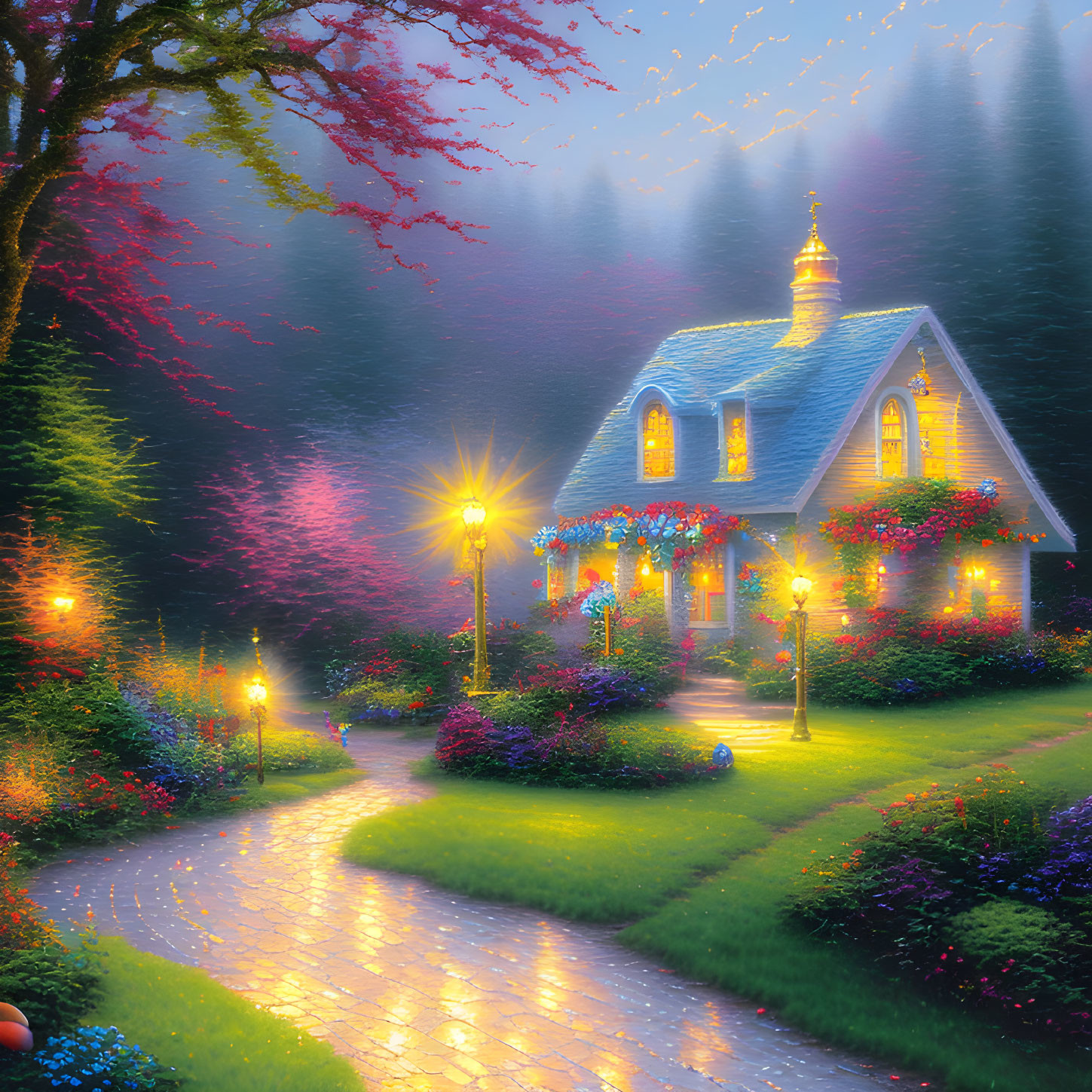 Cozy cottage in vibrant garden with glowing lamps