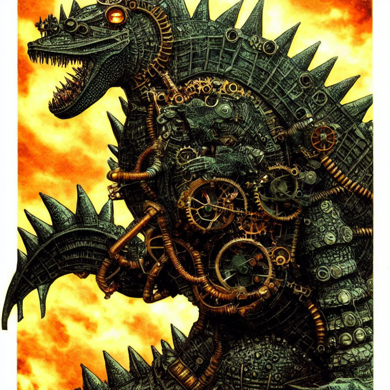 Detailed illustration of mechanical Godzilla-like creature with gears and metallic parts against orange sky