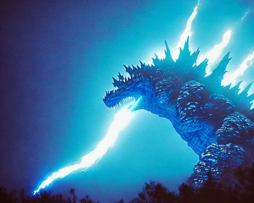 Blue Godzilla emitting energy beam in dark backdrop