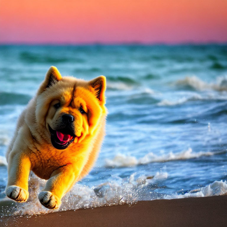 Chow Chow dog playing on sandy beach at sunset