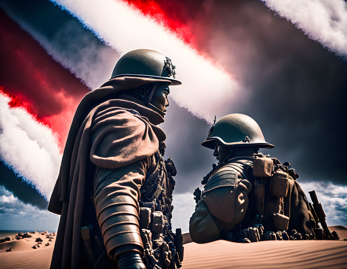 Vintage military soldiers in dramatic sky with red and blue smoke