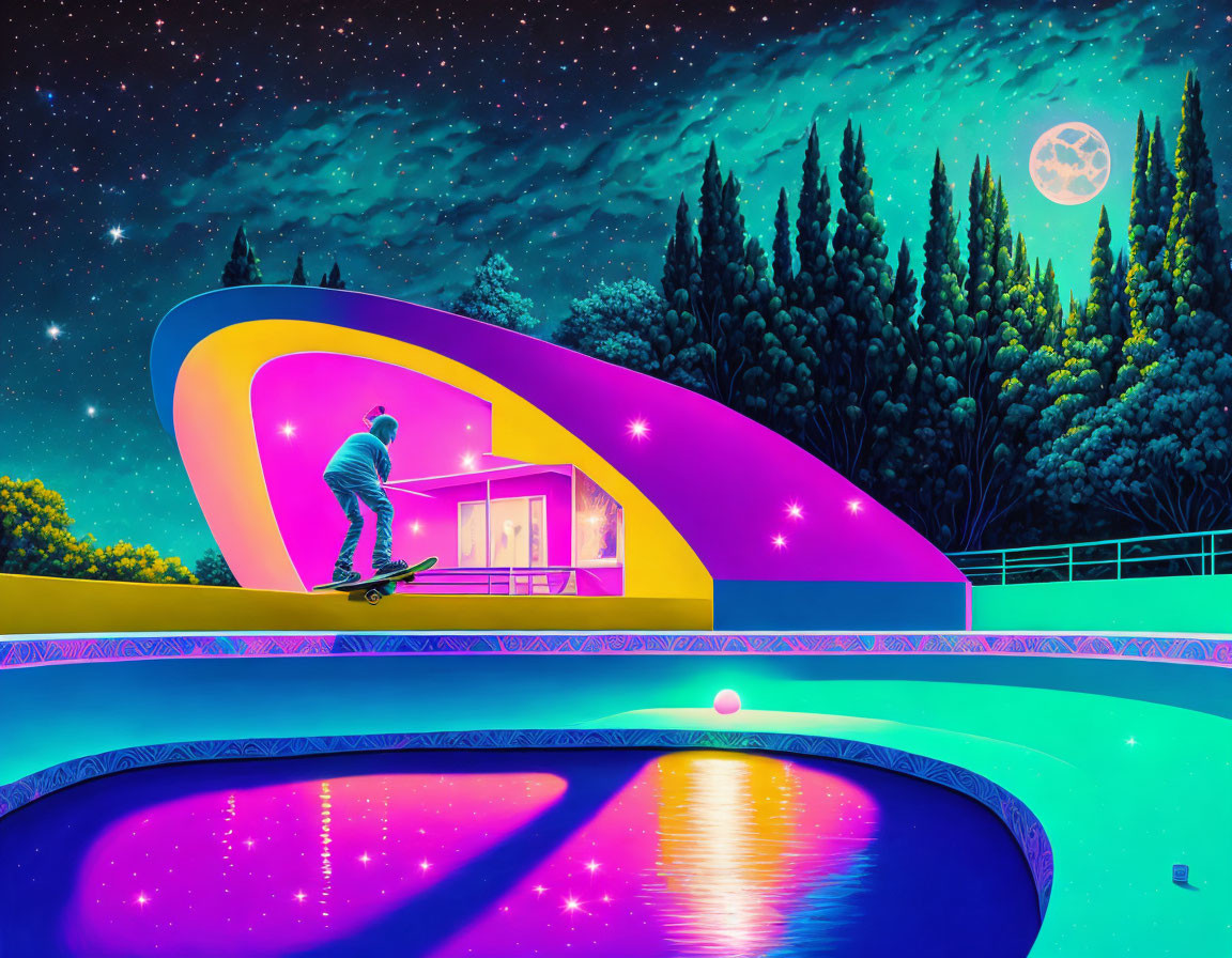 Colorful surreal artwork: Skater on rainbow ramp above neon pool