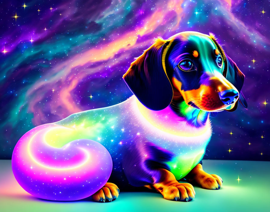 Colorful Dachshund Illustration with Cosmic Background