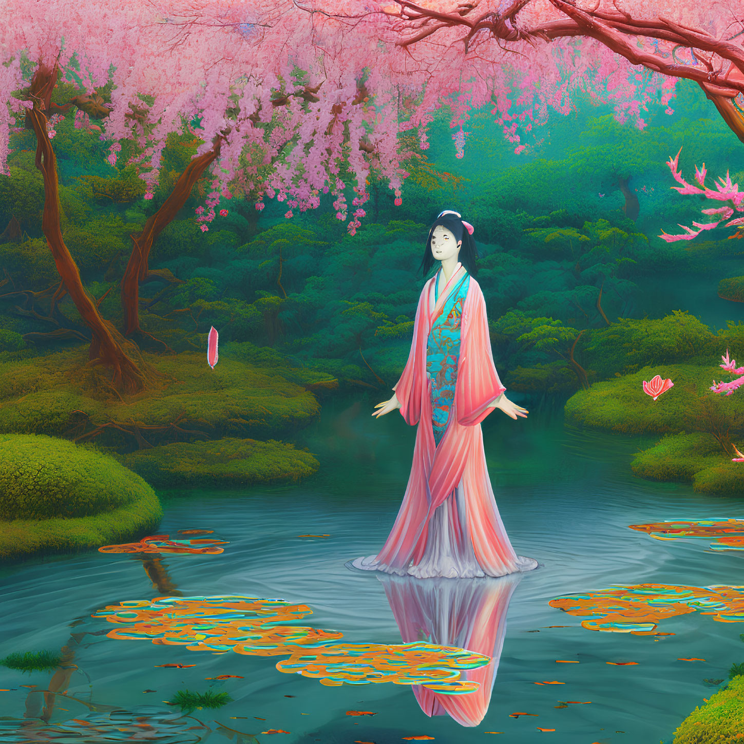 Woman in Traditional Kimono Standing on Water in Cherry Blossom Landscape