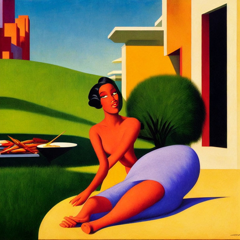 Stylized painting of woman in blue skirt against colorful buildings