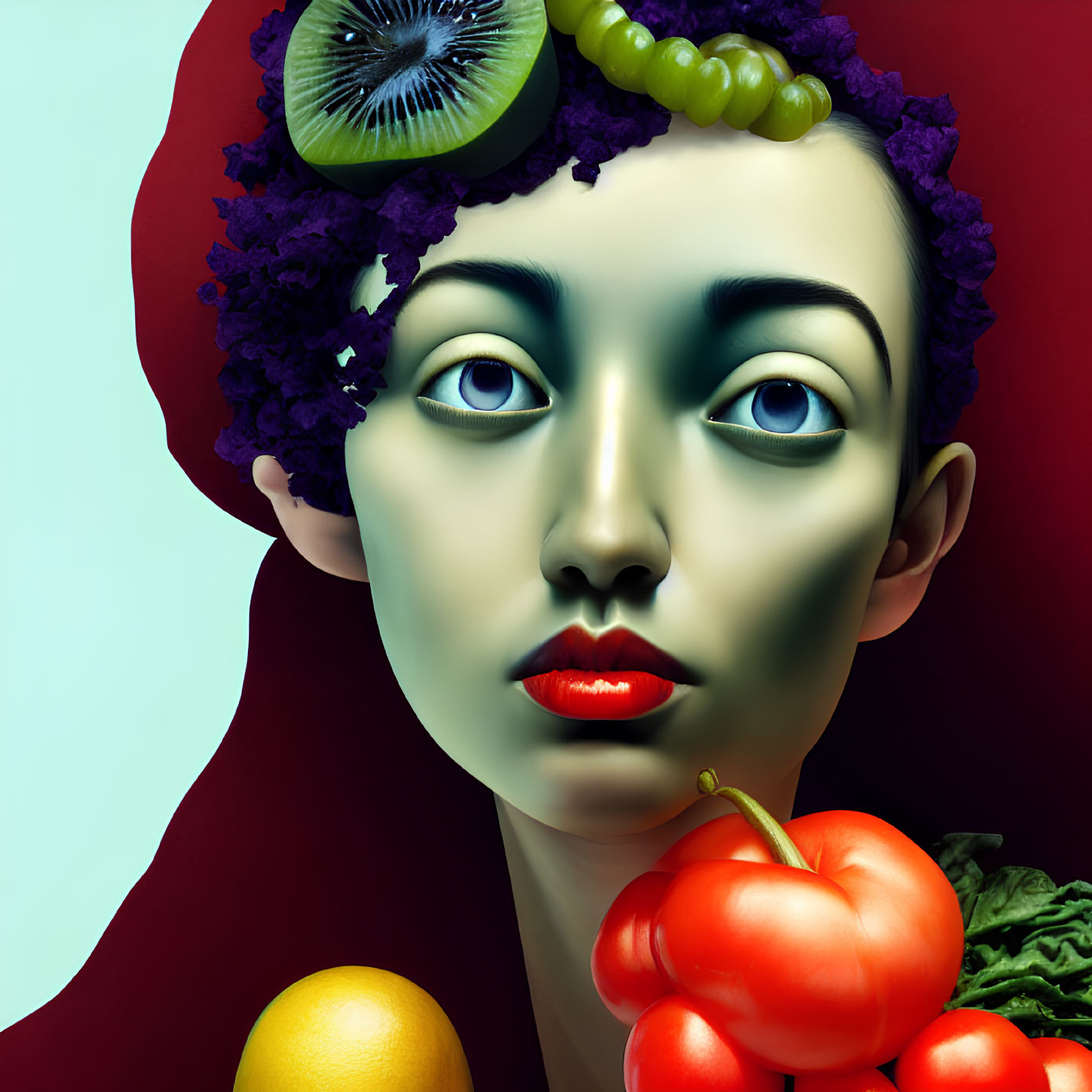 Surreal portrait of woman with fruit and vegetable hair on red background