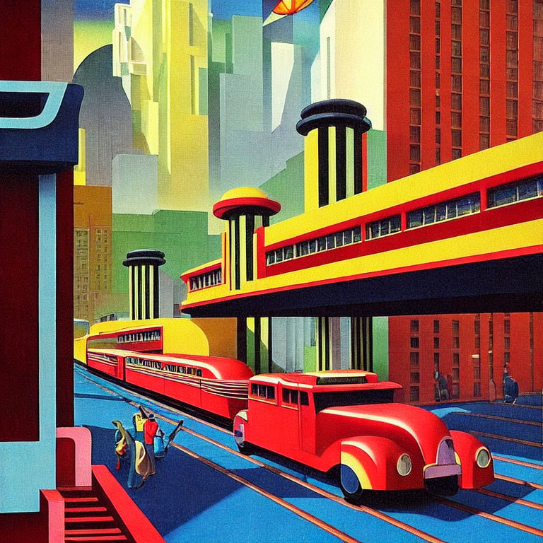 Vibrant Art Deco cityscape with trains and figures