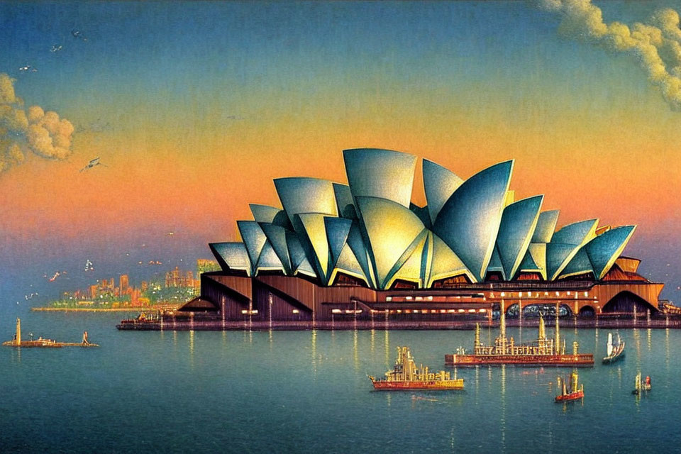 Iconic Sydney Opera House Illustration at Dusk with City Skyline & Boats