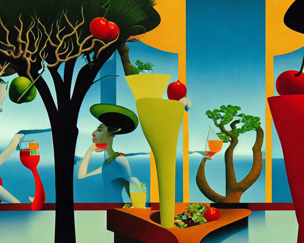 Surreal illustration of stylized figures with apples and drinks on blue background