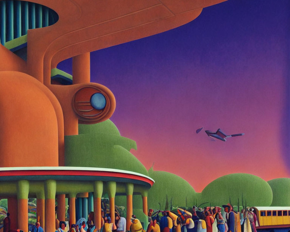 Vibrant retro-futuristic illustration of people at transportation hub