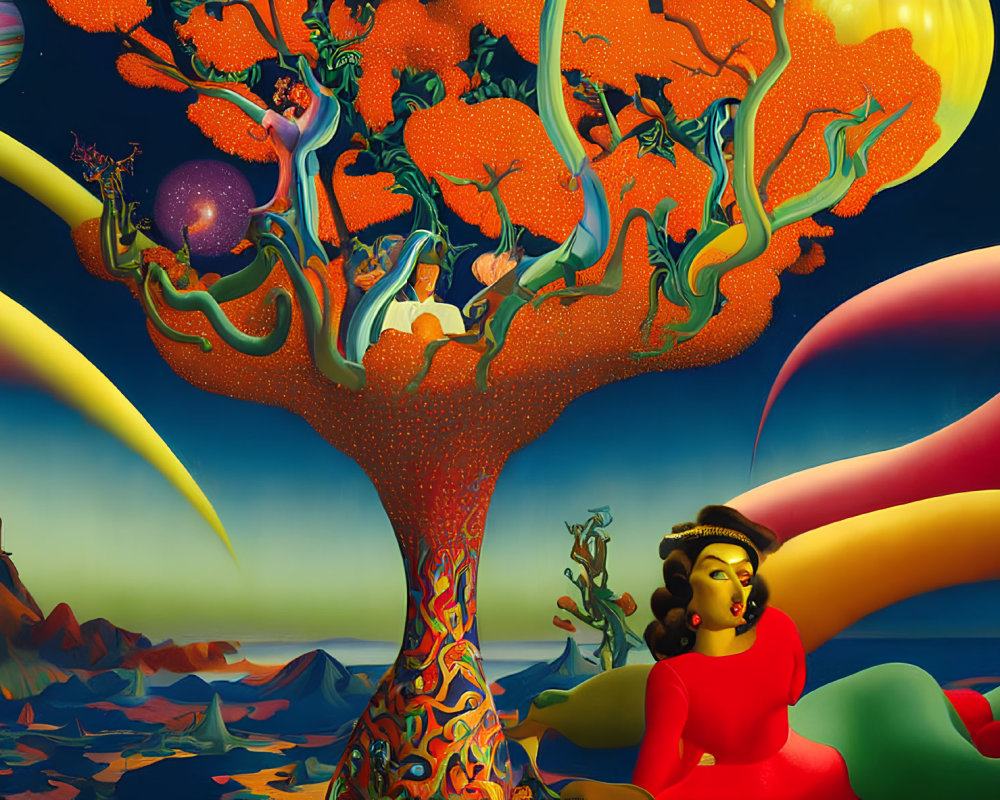 Vibrant tree, whimsical creatures, woman in red in surreal landscape