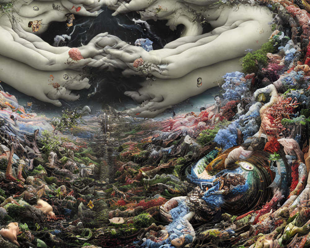 Detailed Surreal Landscape with Human Forms and Nature Elements