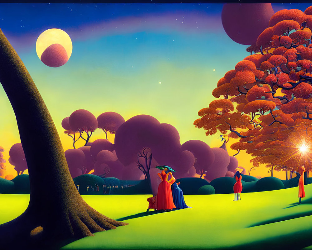 Colorful artwork of enchanting twilight landscape with moon, people in red, whimsical trees, glowing