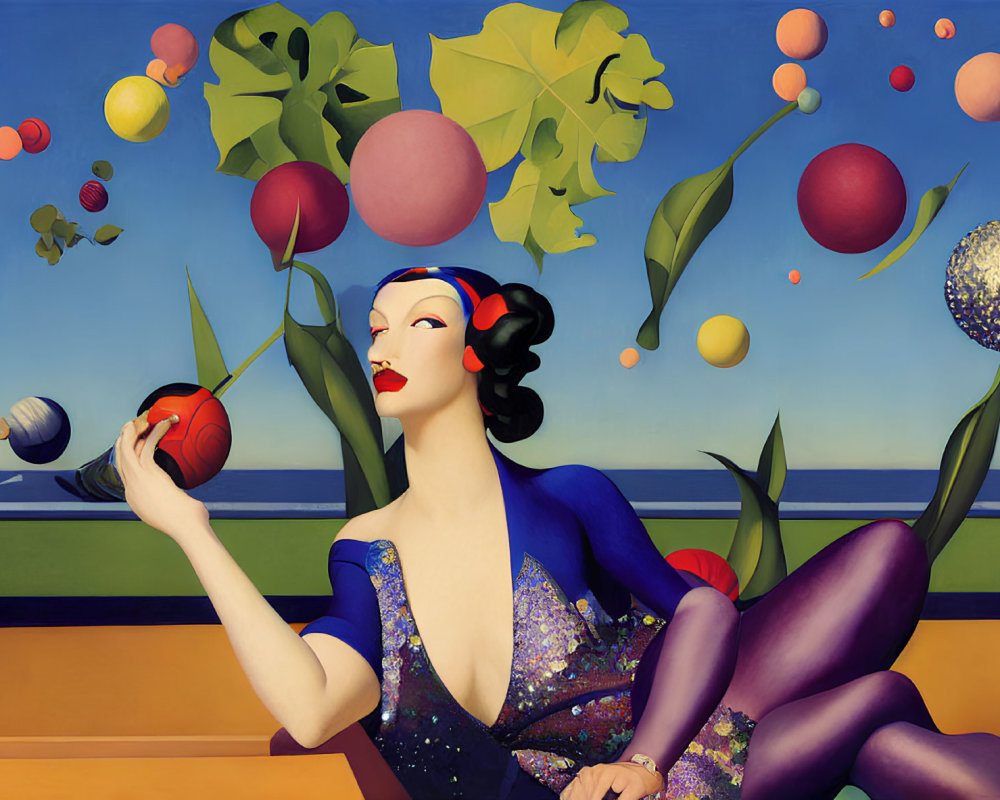 Stylized woman with red lips and blue attire in surreal sea landscape