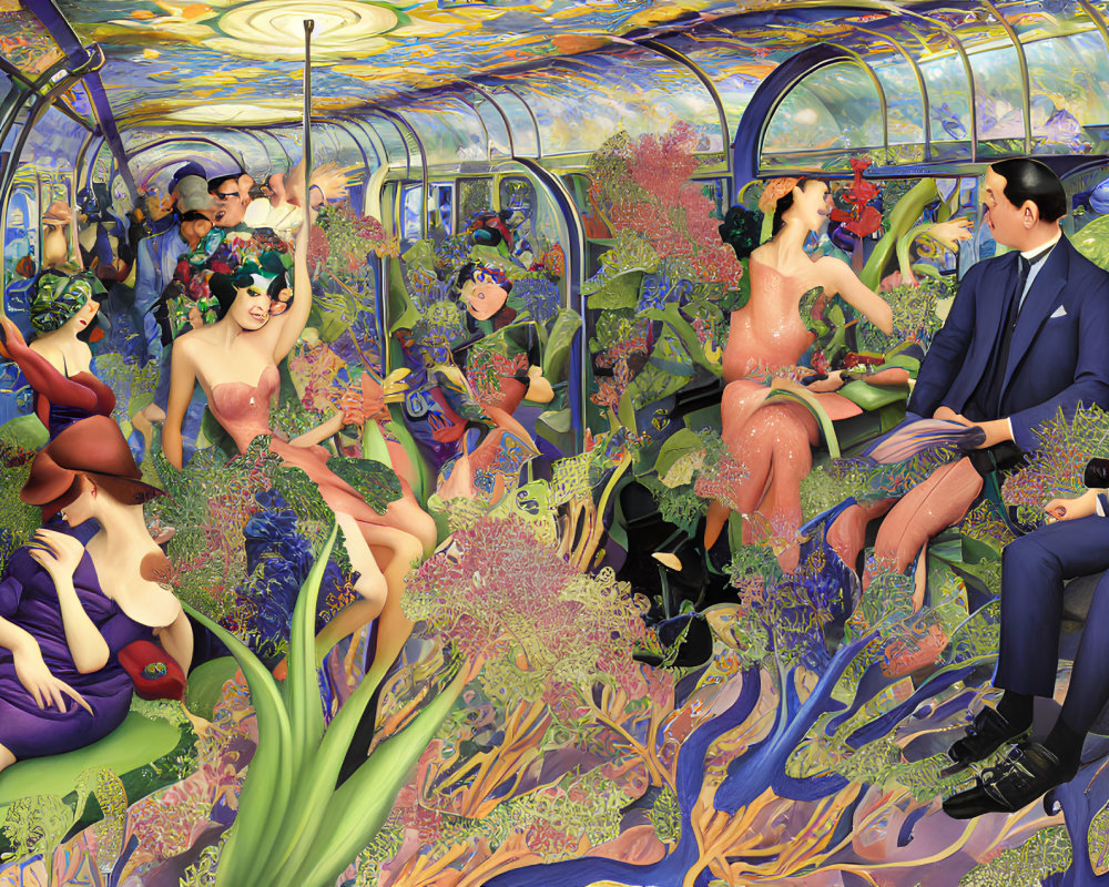 Colorful illustration of plant-themed subway scene