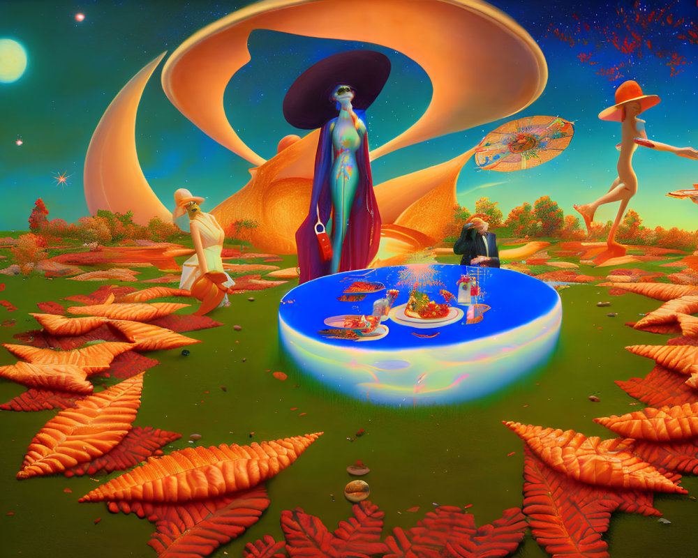 Colorful Surreal Landscape with Oversized Human Figures and Planets