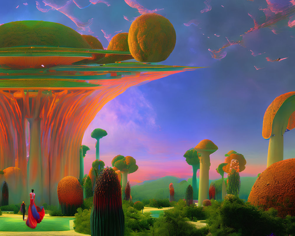 Fantastical landscape with mushroom structures and person in red dress under pink sky