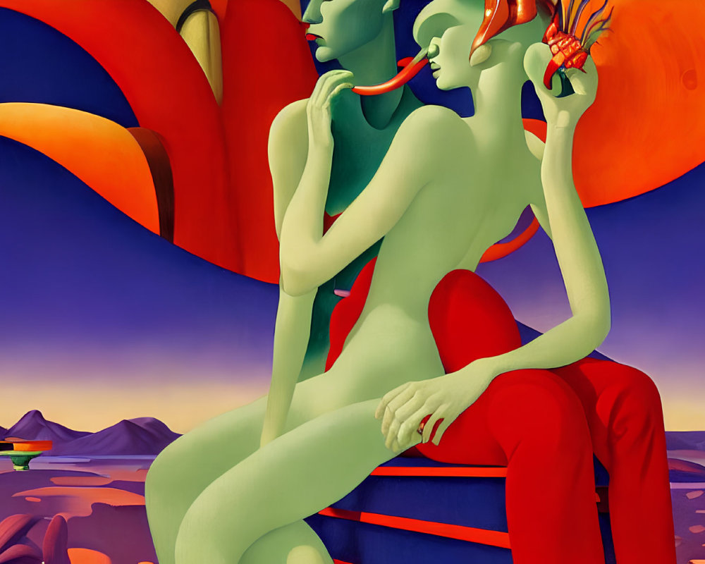 Vibrant Green and Red Stylized Figures in Surreal Landscape