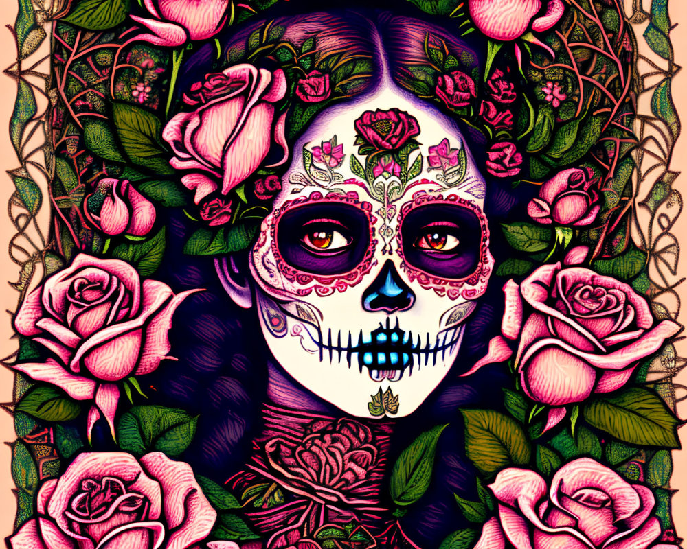 Vibrant skull-painted woman with roses and vines in Day of the Dead style