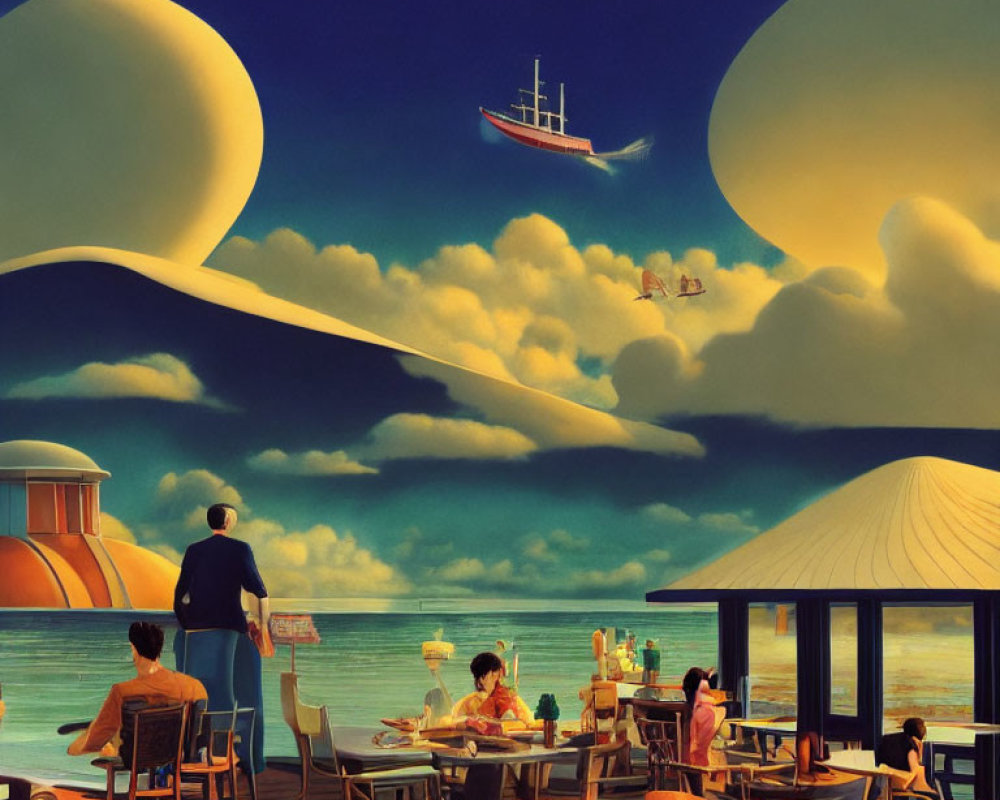 Outdoor cafe diners under surreal sky with floating boat and airplane above ocean