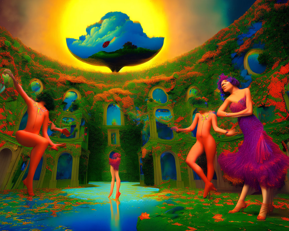 Fantasy garden with colossal yellow sun, surreal blue trees, and three women in colorful attire posing eleg