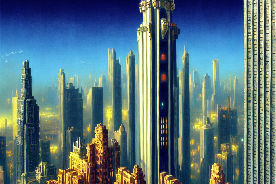 Futuristic cityscape with towering skyscrapers in golden light