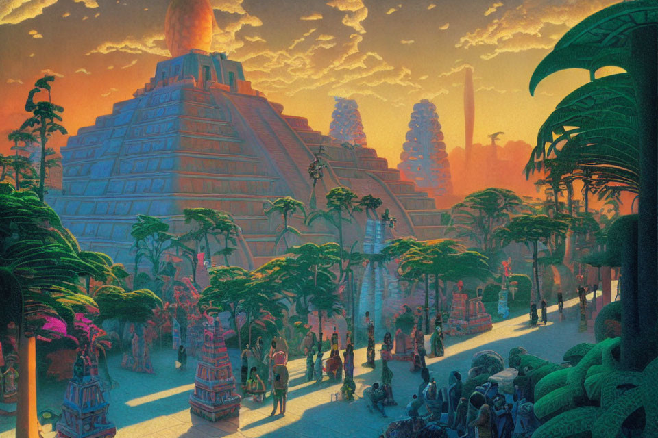 Futuristic city with Mesoamerican pyramid architecture in lush setting