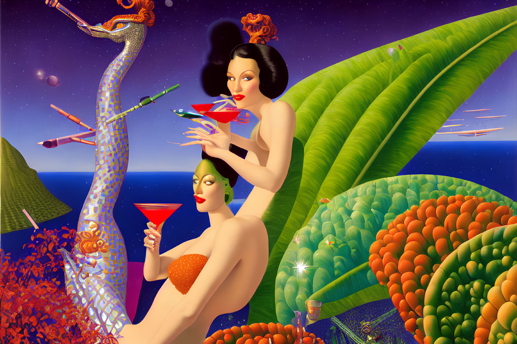 Surreal landscape with two stylized women and cocktails