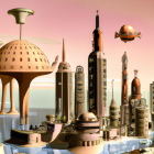 Organic architectural cityscape with surreal spires in pastel sky