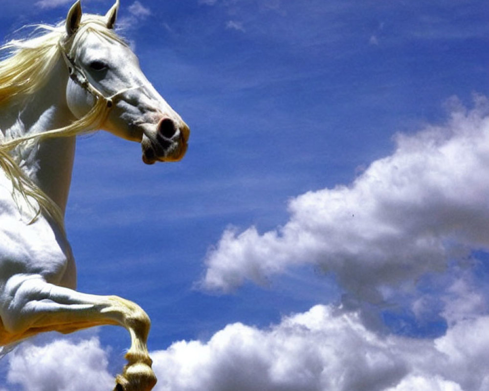 White Horse Galloping in Sky Among Fluffy Clouds