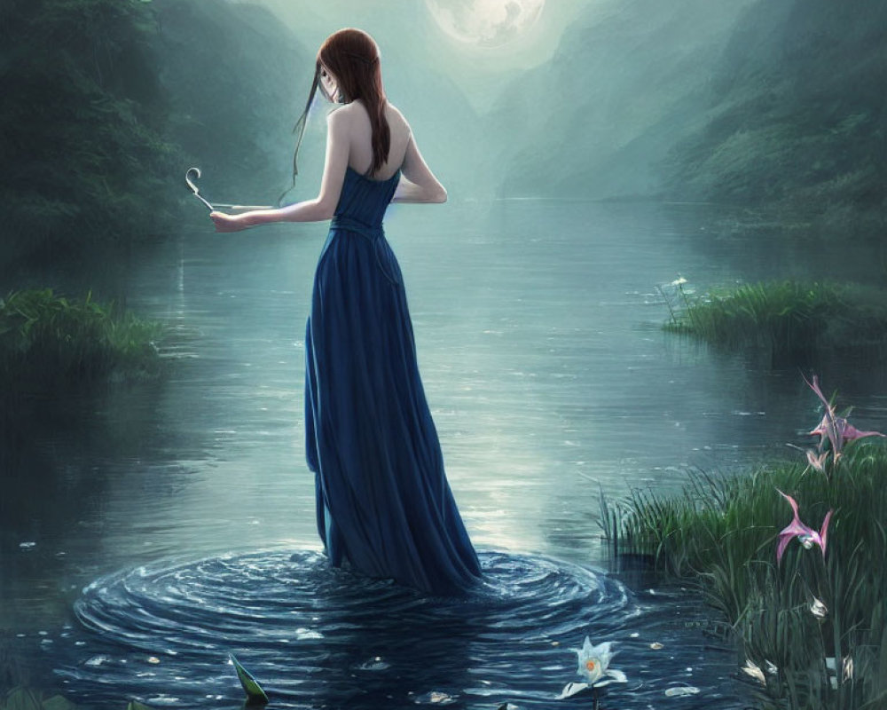 Woman in Blue Dress Holding Mask on Water with Full Moon & Misty Mountains