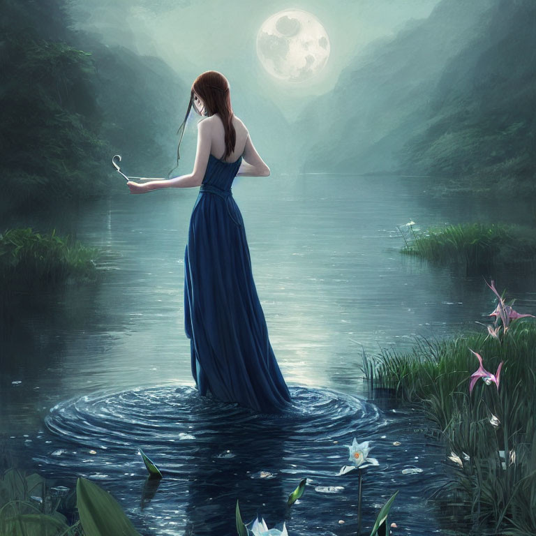 Woman in Blue Dress Holding Mask on Water with Full Moon & Misty Mountains