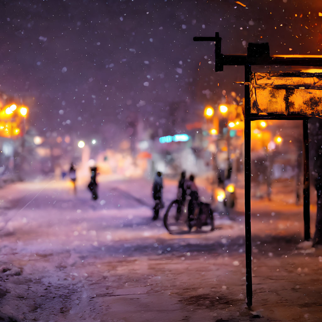 Snowy Street Night Scene with Glowing Streetlights and People Walking