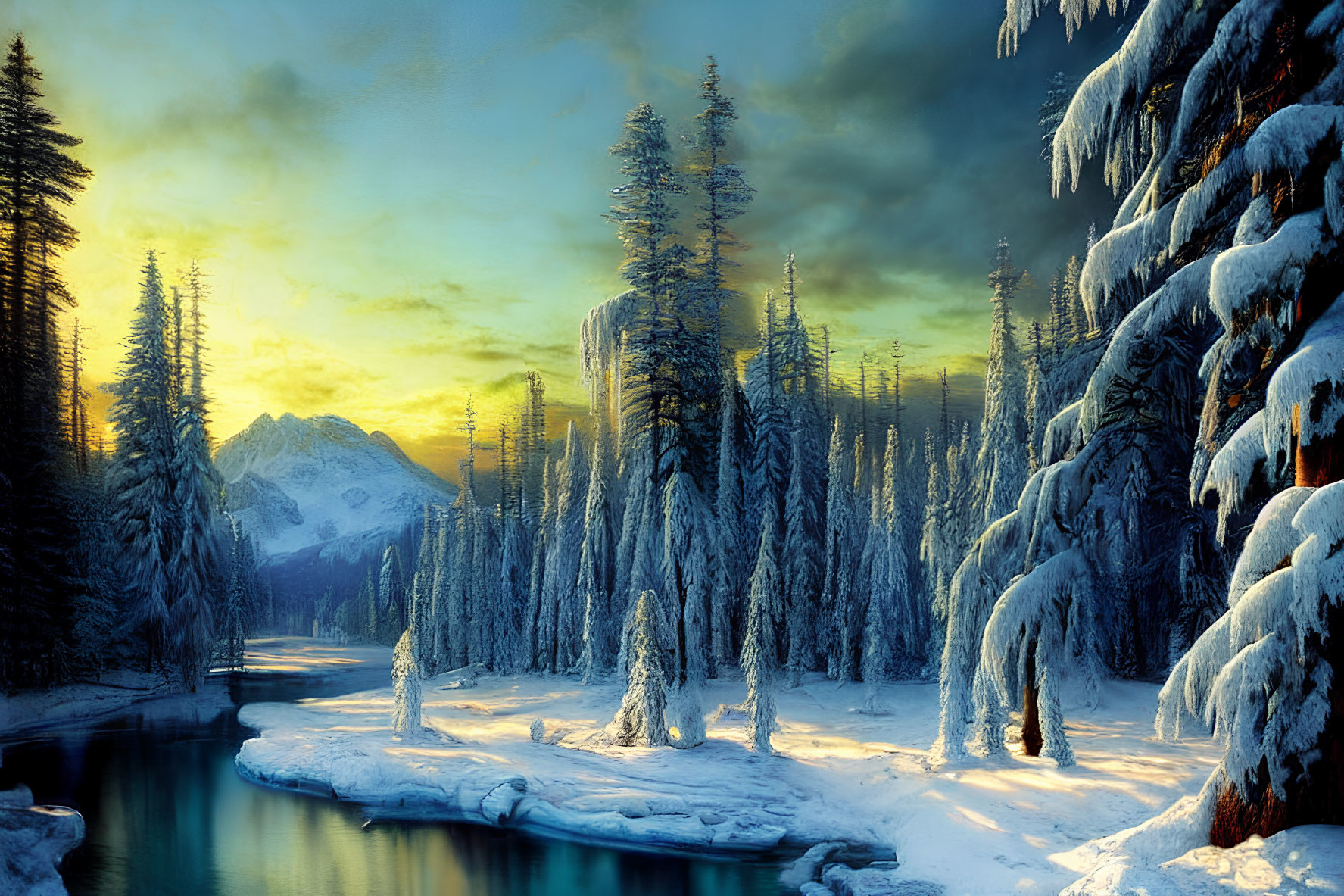 Snow-covered pines, calm river, snow-capped mountains: Serene winter landscape