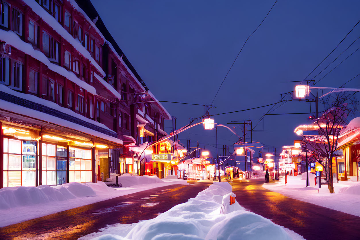 Snow-covered Twilight Street Scene with Storefronts & Street Lamps